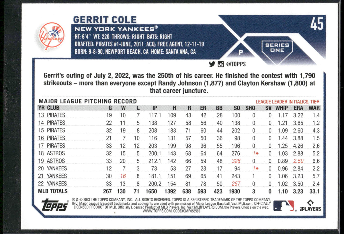 2023 Topps #45 Gerrit Cole