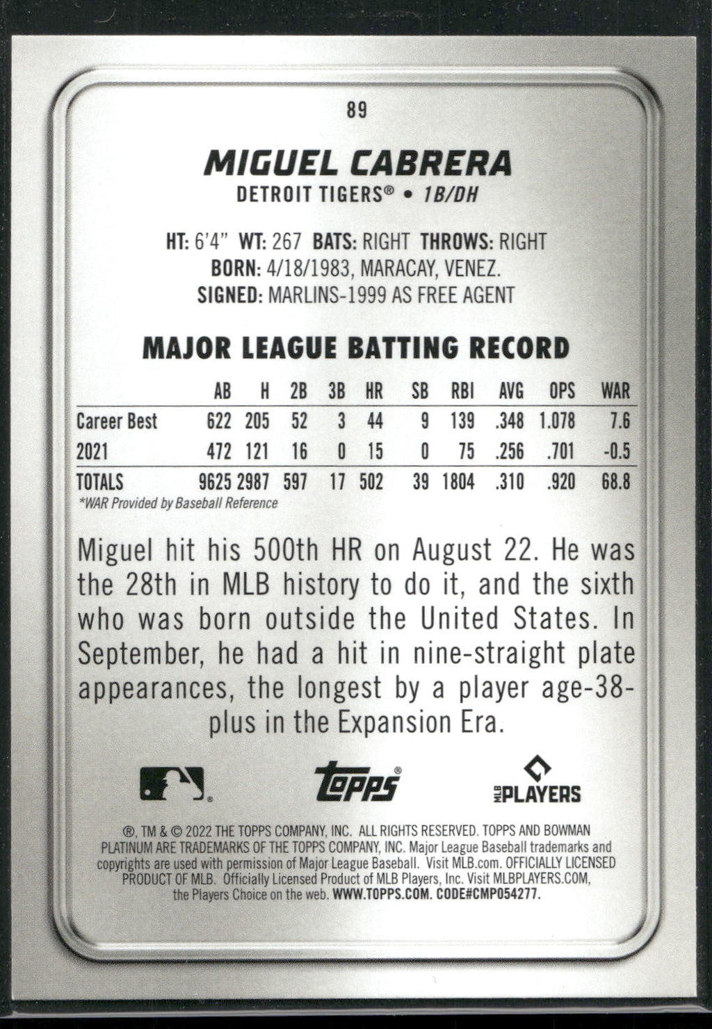 2022 Bowman Platinum #89 Miguel Cabrera