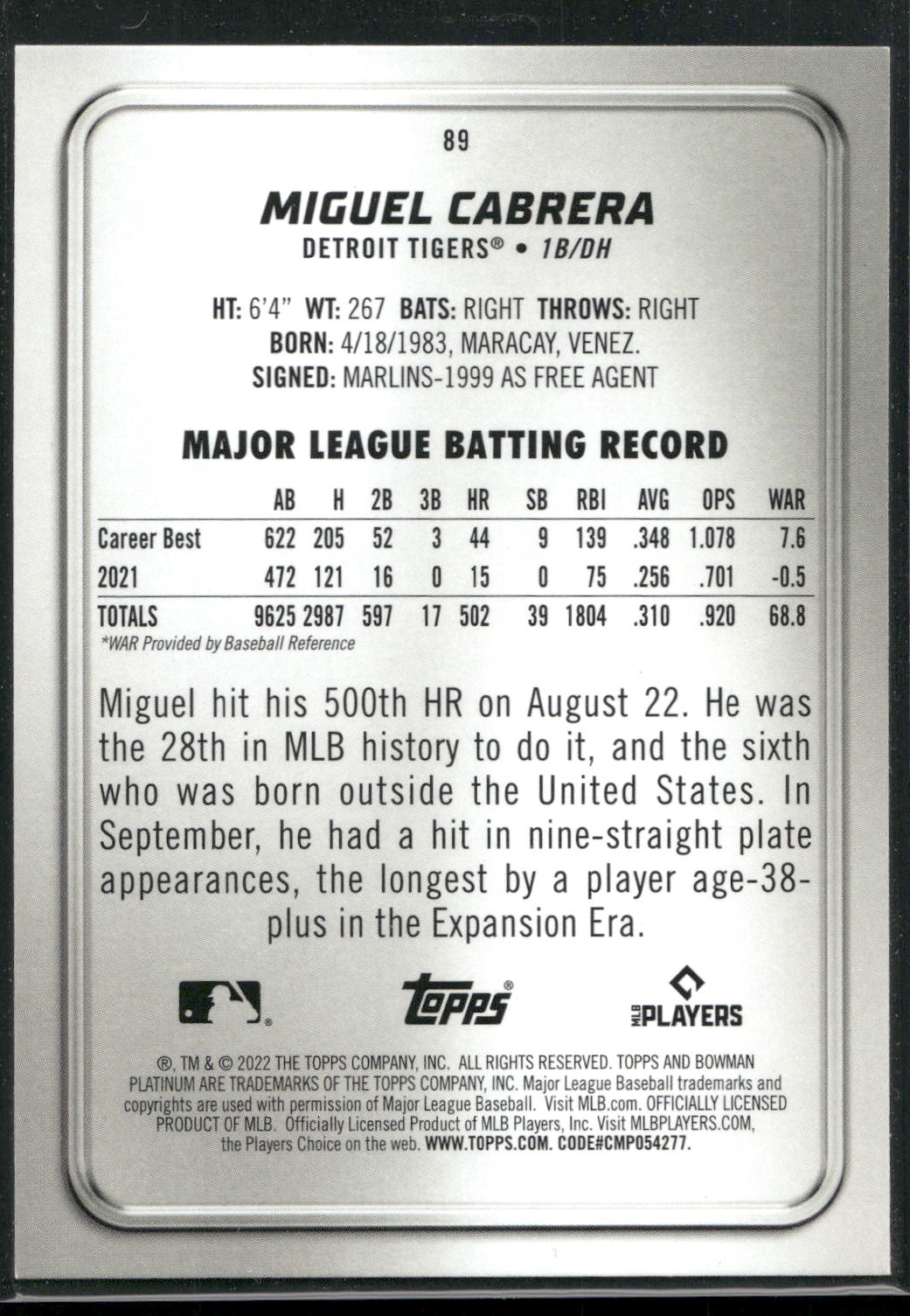 2022 Bowman Platinum #89 Miguel Cabrera
