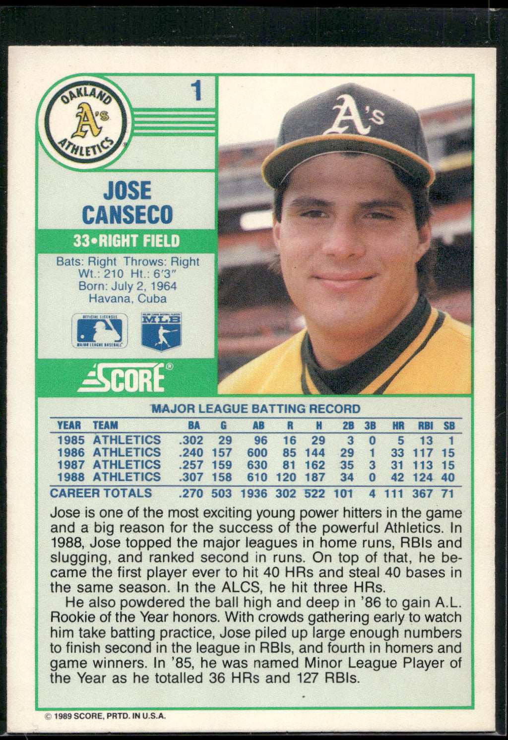 1989 Score #1 Jose Canseco