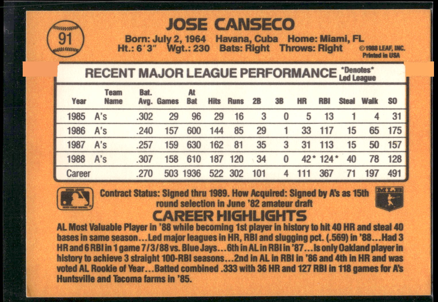 1989 Donruss #91 Jose Canseco