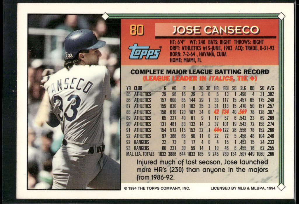 1994 Topps #80b Jose Canseco