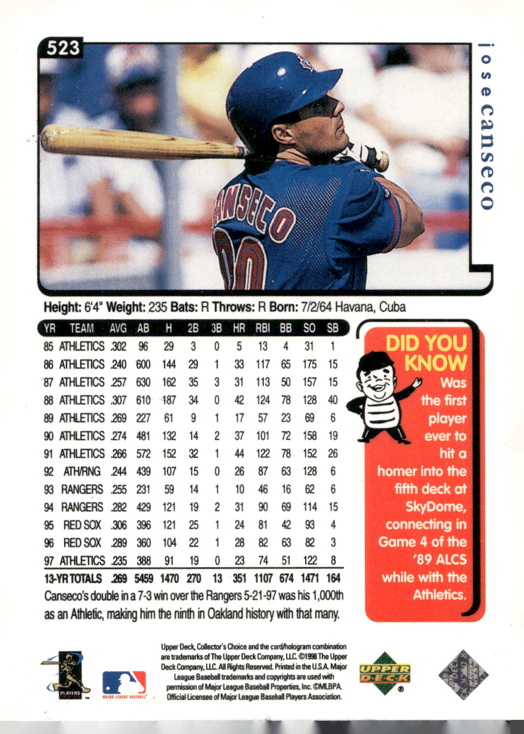 1998 Collector's Choice #523 Jose Canseco