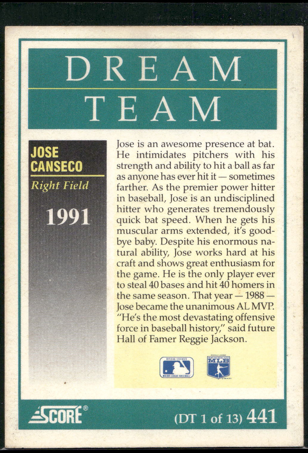 1991 Score #441 Jose Canseco