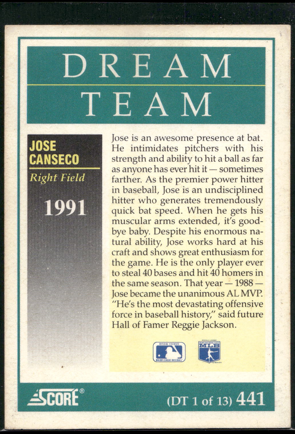 1991 Score #441 Jose Canseco