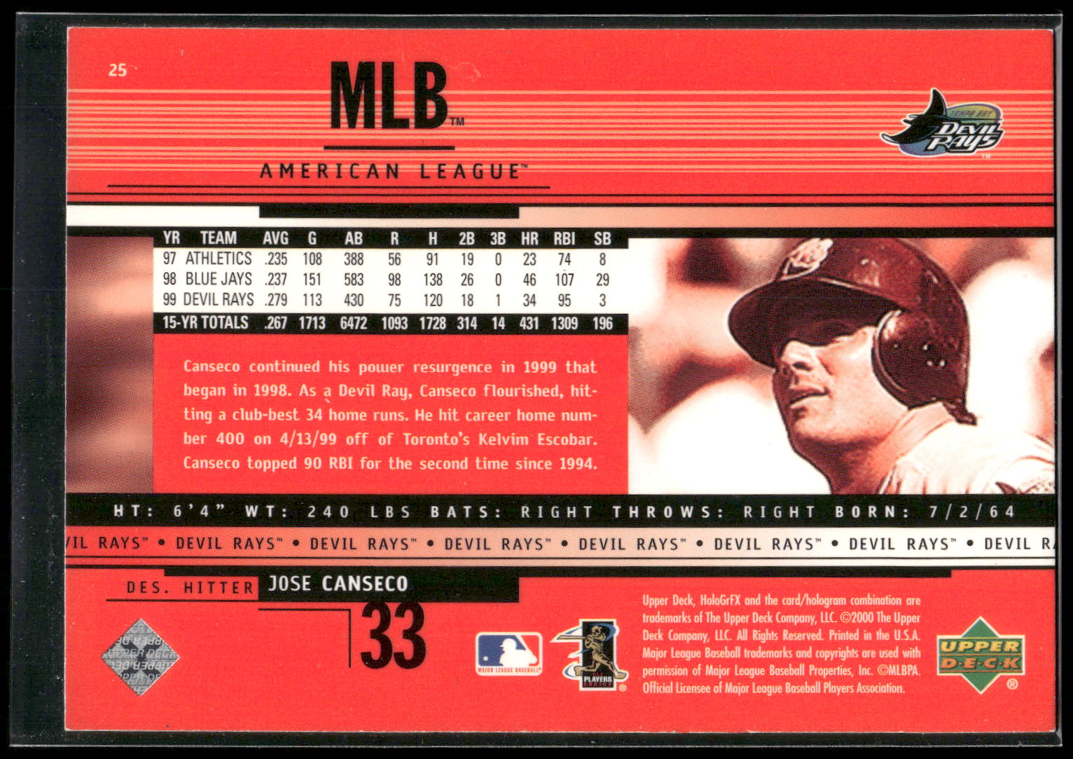 2000 Upper Deck HoloGrFX #25 Jose Canseco