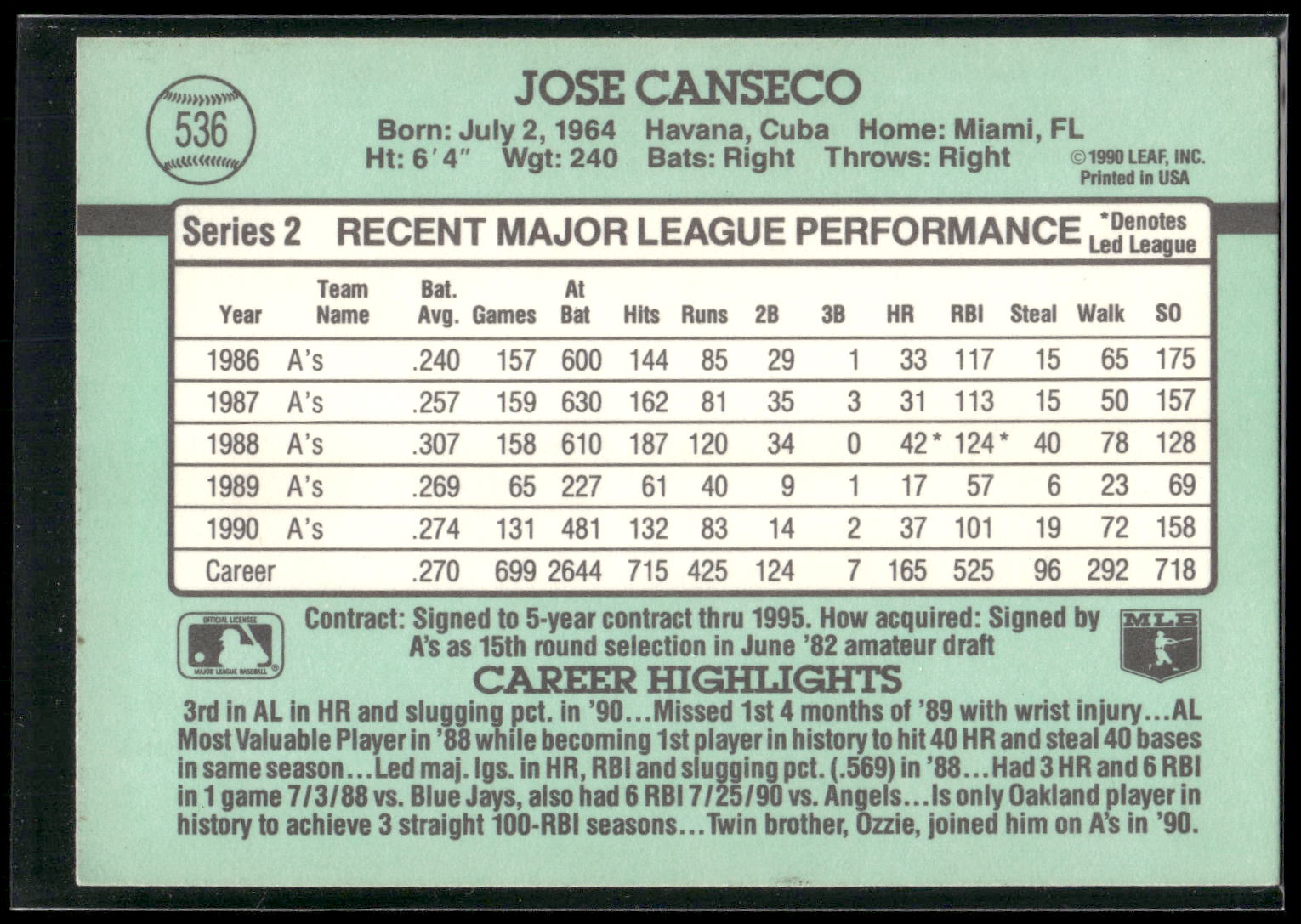 1991 Donruss #536 Jose Canseco