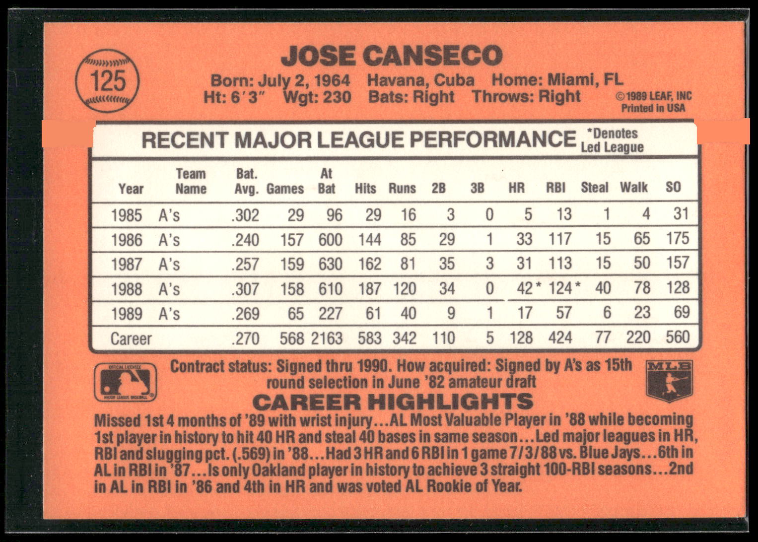 1990 Donruss #125 Jose Canseco
