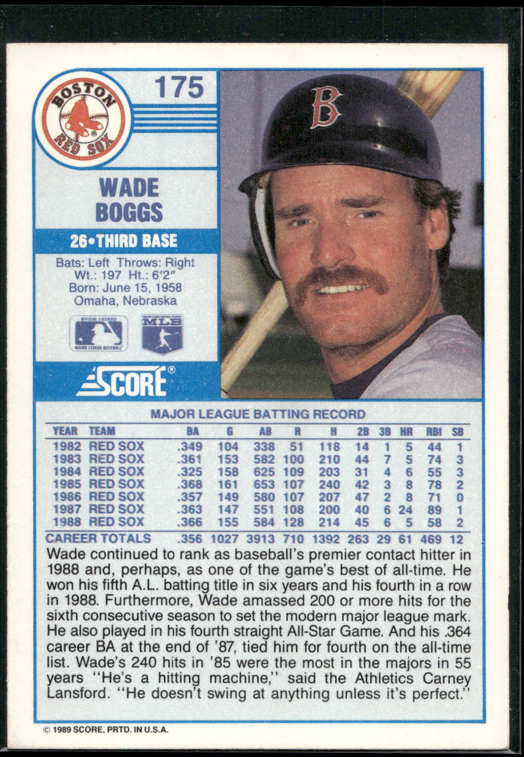1989 Score #175 Wade Boggs
