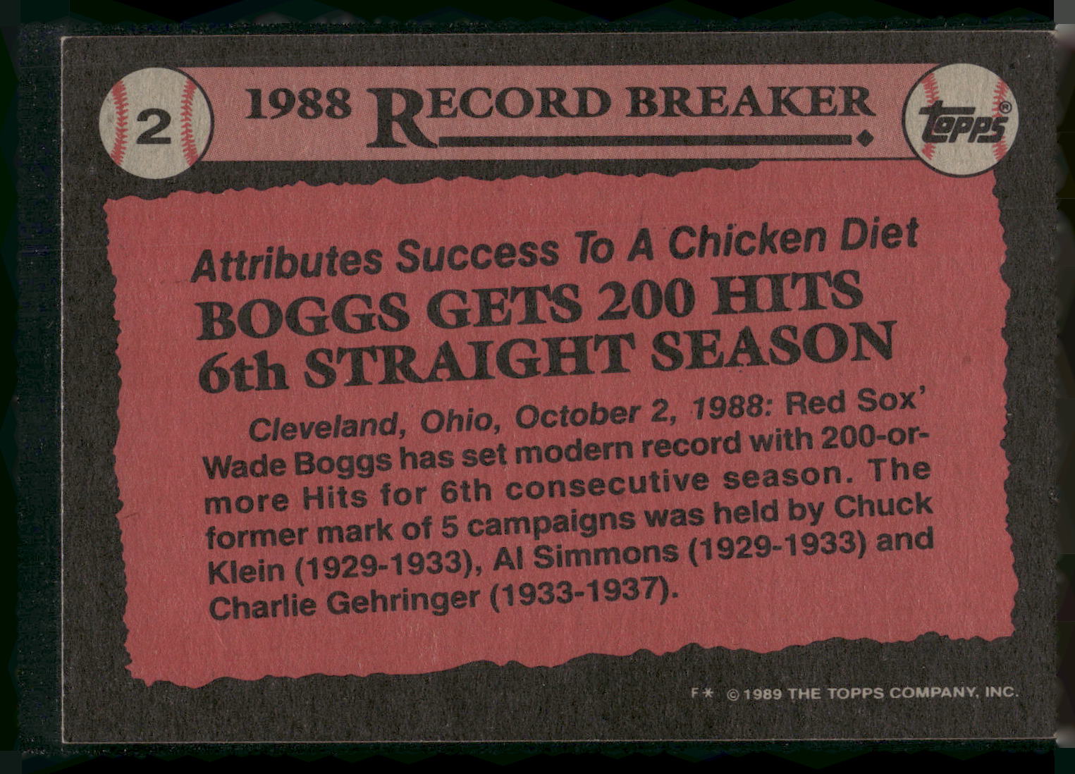 1989 Topps #2 Wade Boggs