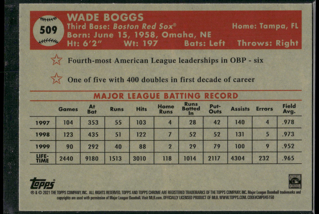 2021 Topps Chrome Platinum Anniversary #509 Wade Boggs