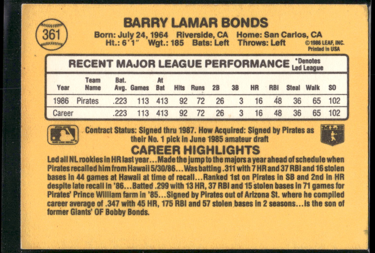 1987 Donruss #361 Barry Bonds