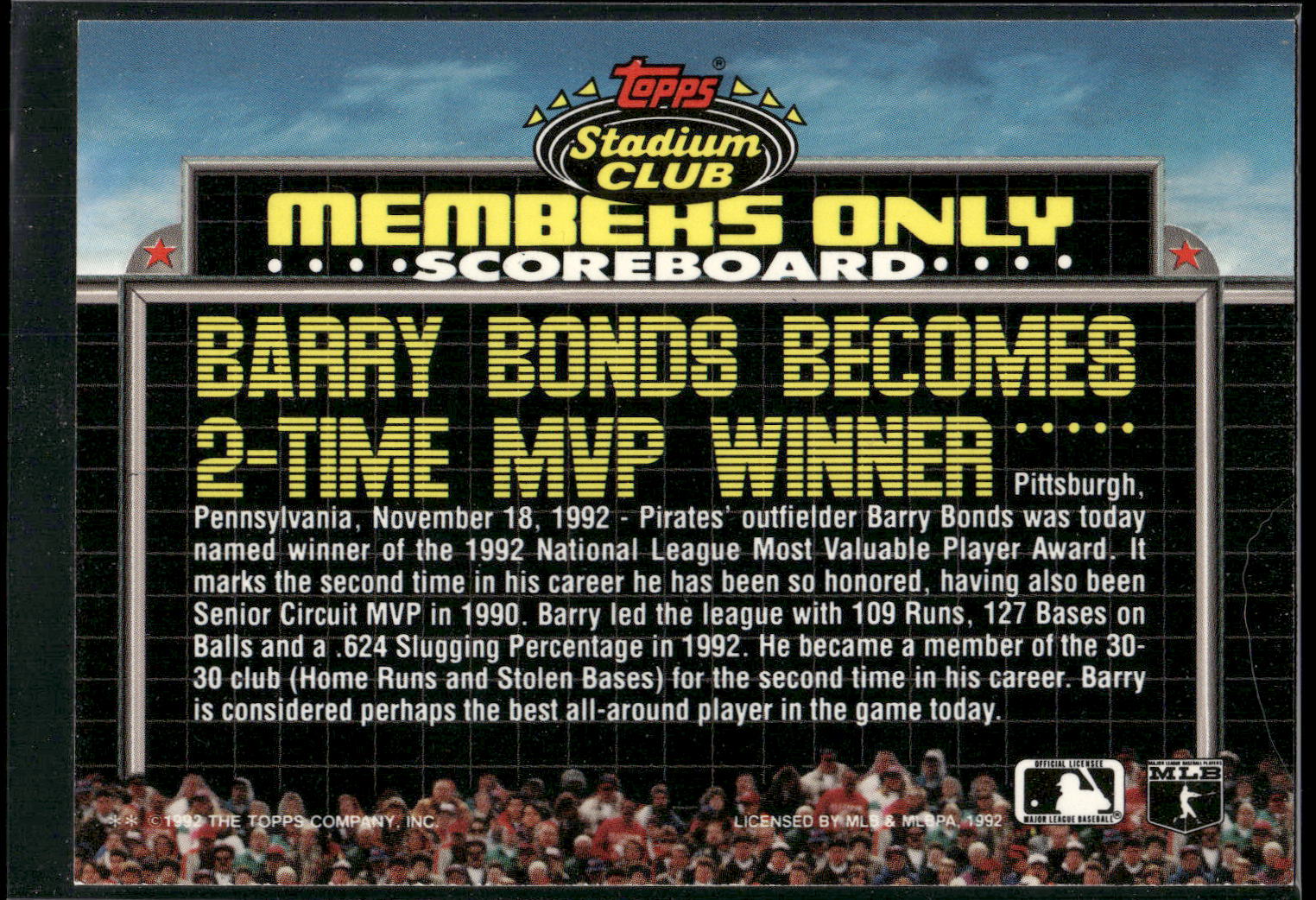 1992 Stadium Club Members Only #NNO Barry Bonds