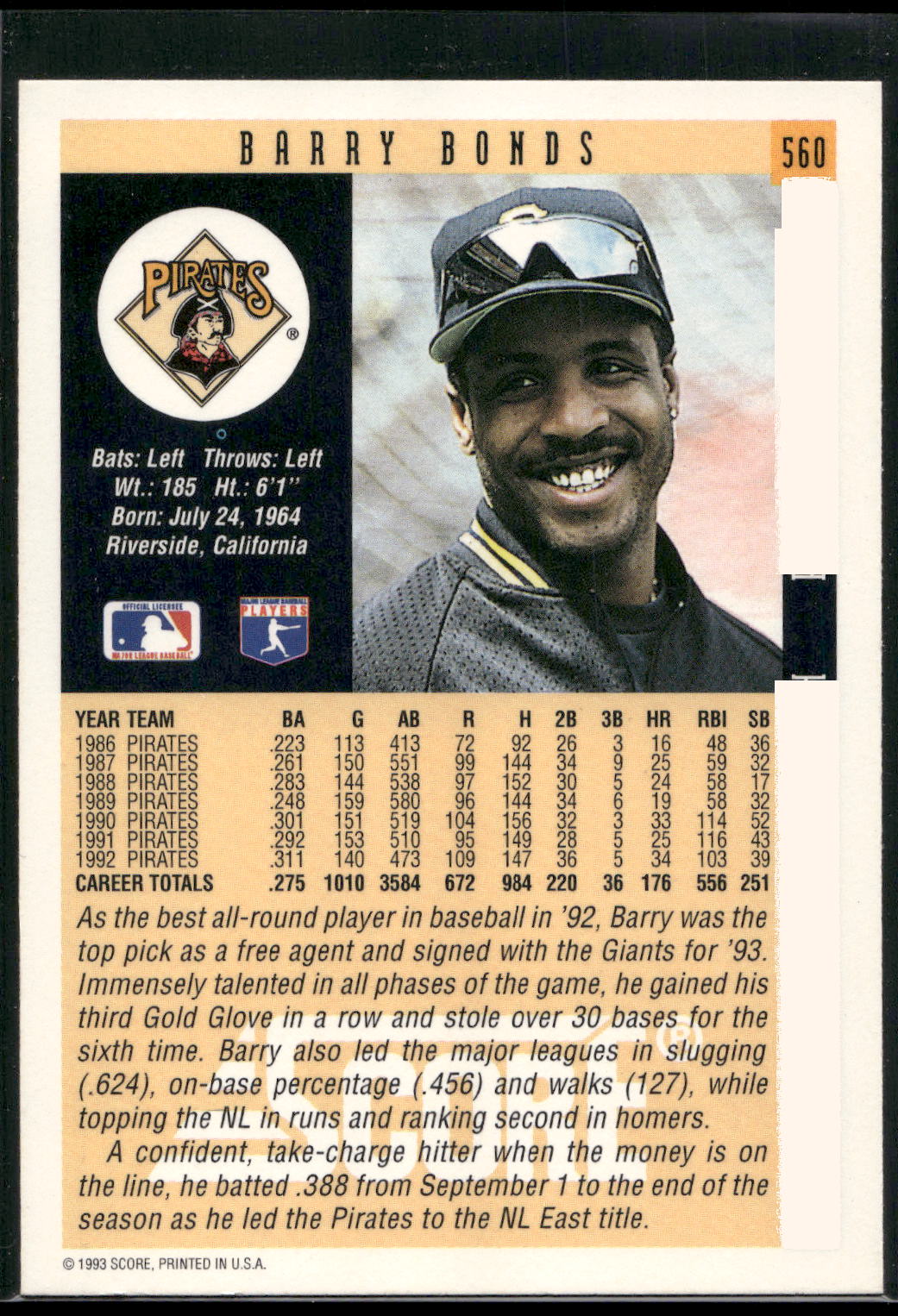 1993 Score #560 Barry Bonds