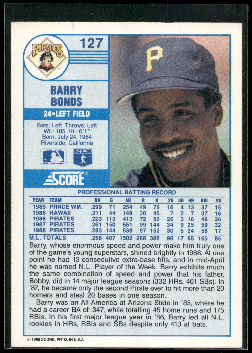 1989 Score #127 Barry Bonds