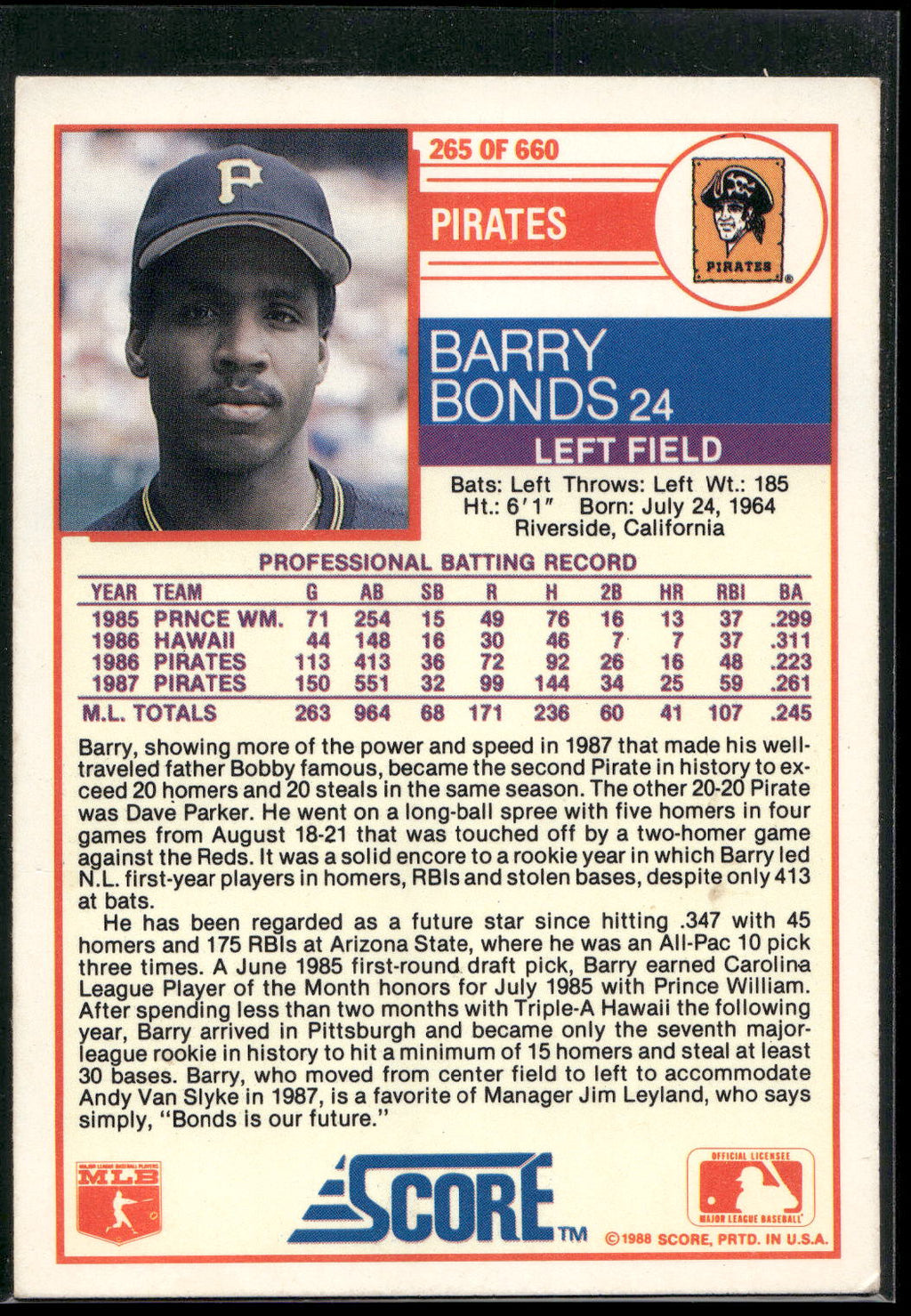 1988 Score #265 Barry Bonds