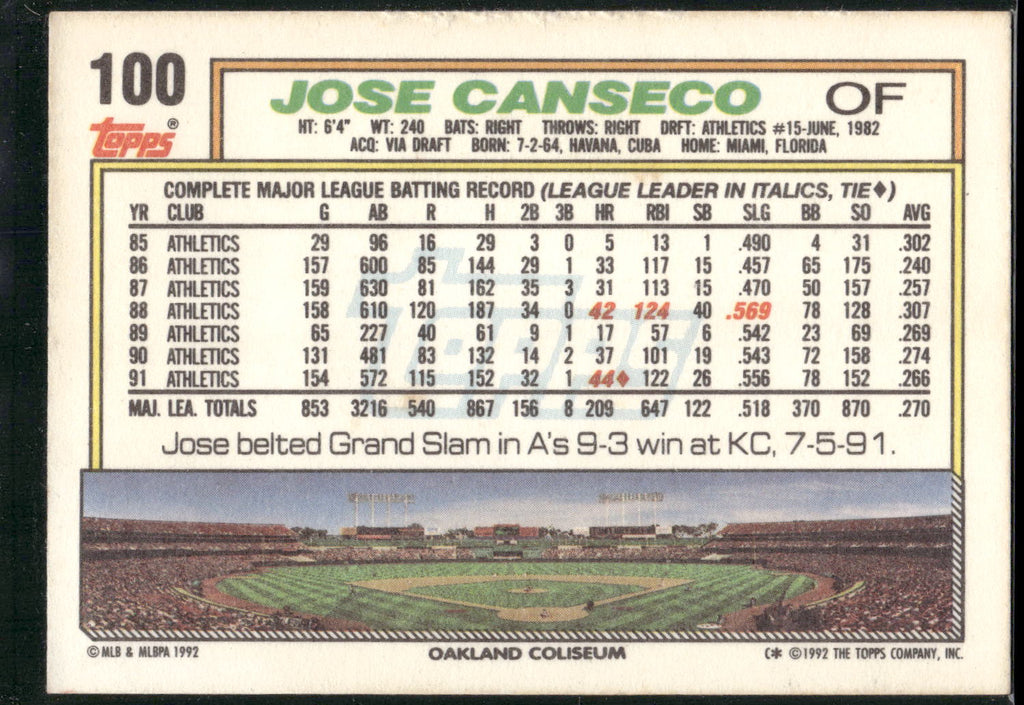 1992 Topps #100 Jose Canseco