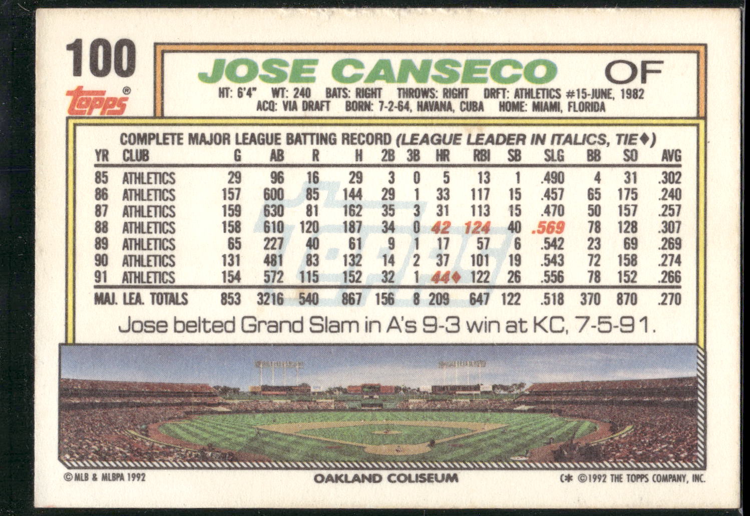 1992 Topps #100 Jose Canseco