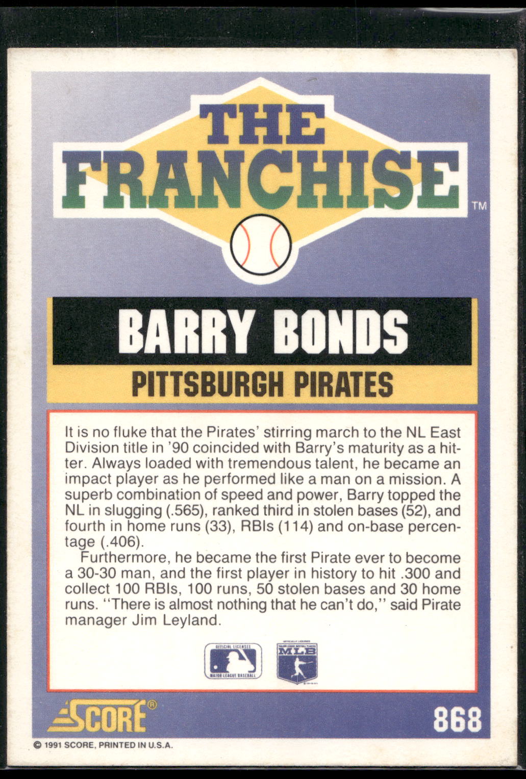 1991 Score #868 Barry Bonds