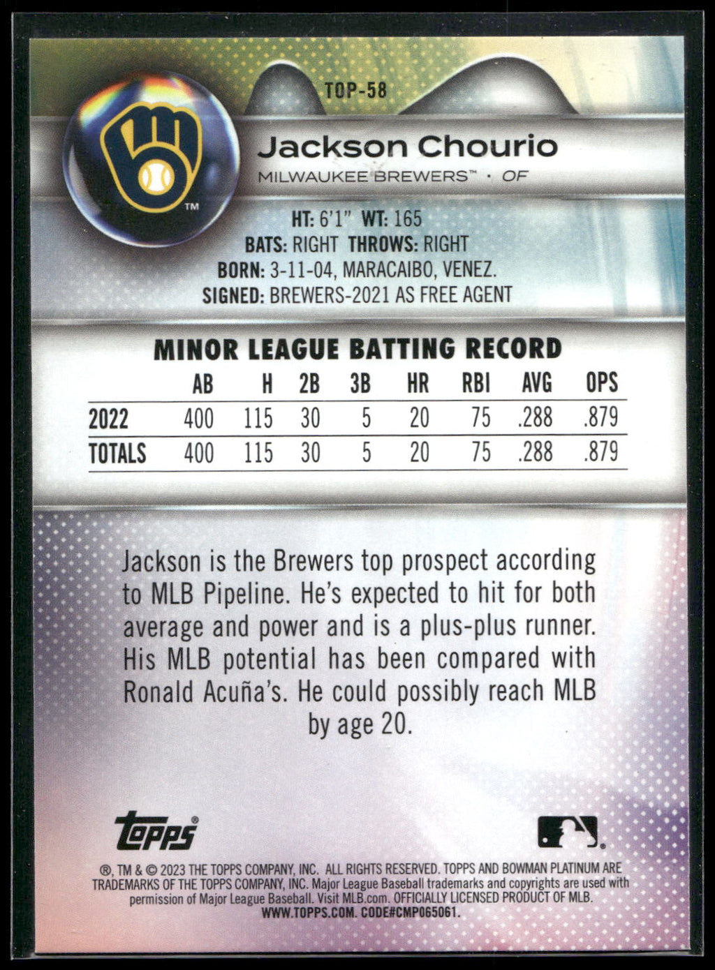 2023 Bowman Platinum #TOP-58 Jackson Chourio Top Prospects