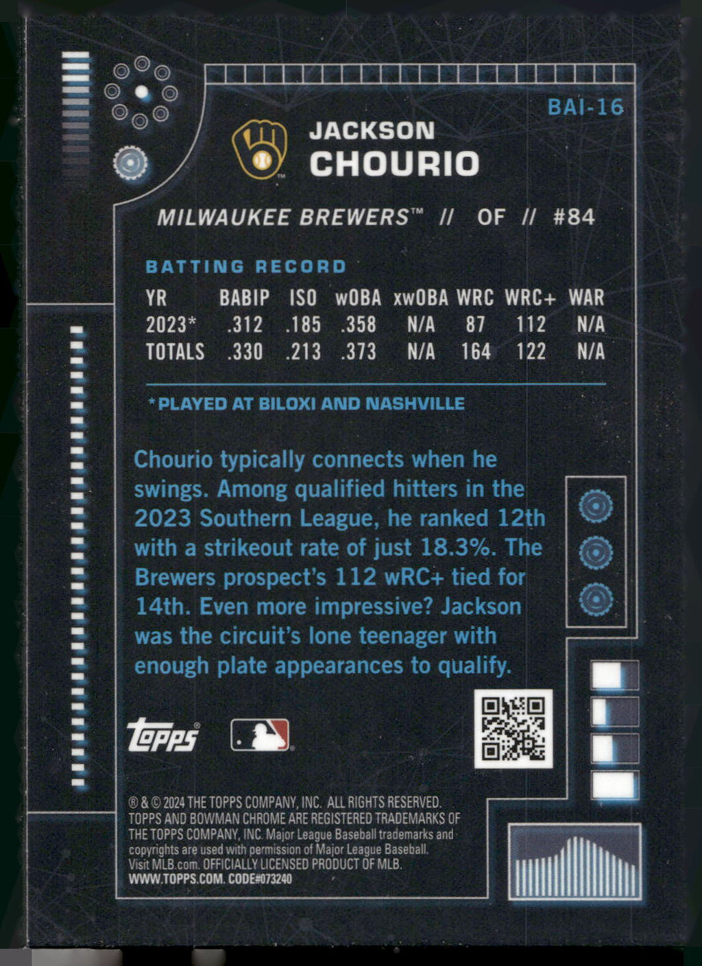 2024 Bowman #BAI-16 Jackson Chourio Bowman A.I.
