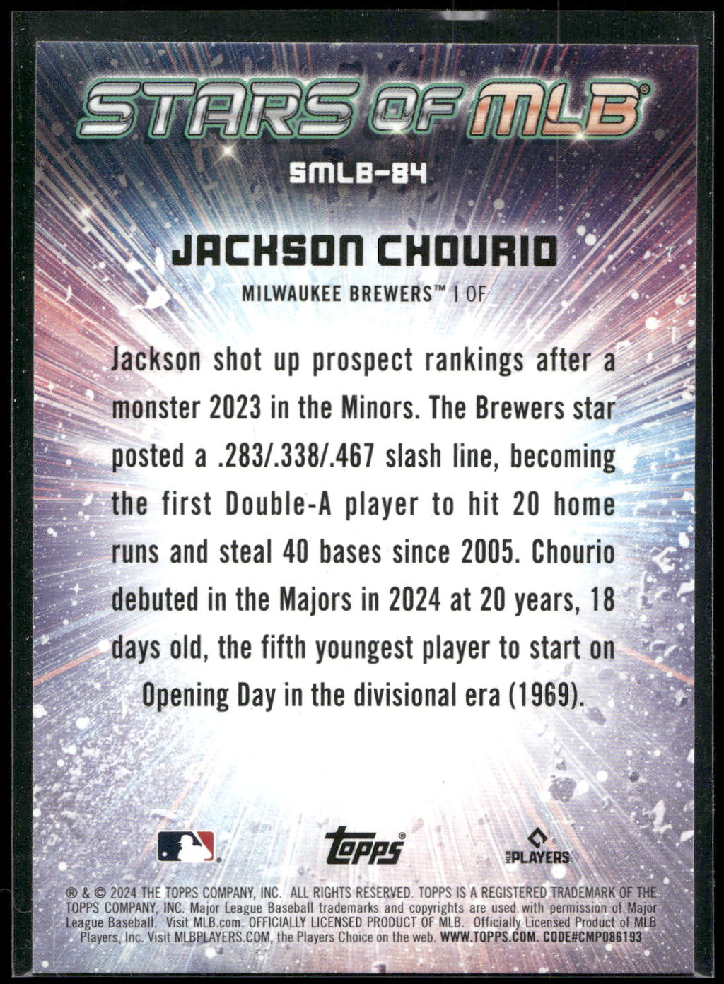 2024 Topps Update #SMLB-84 Jackson Chourio Stars of MLB