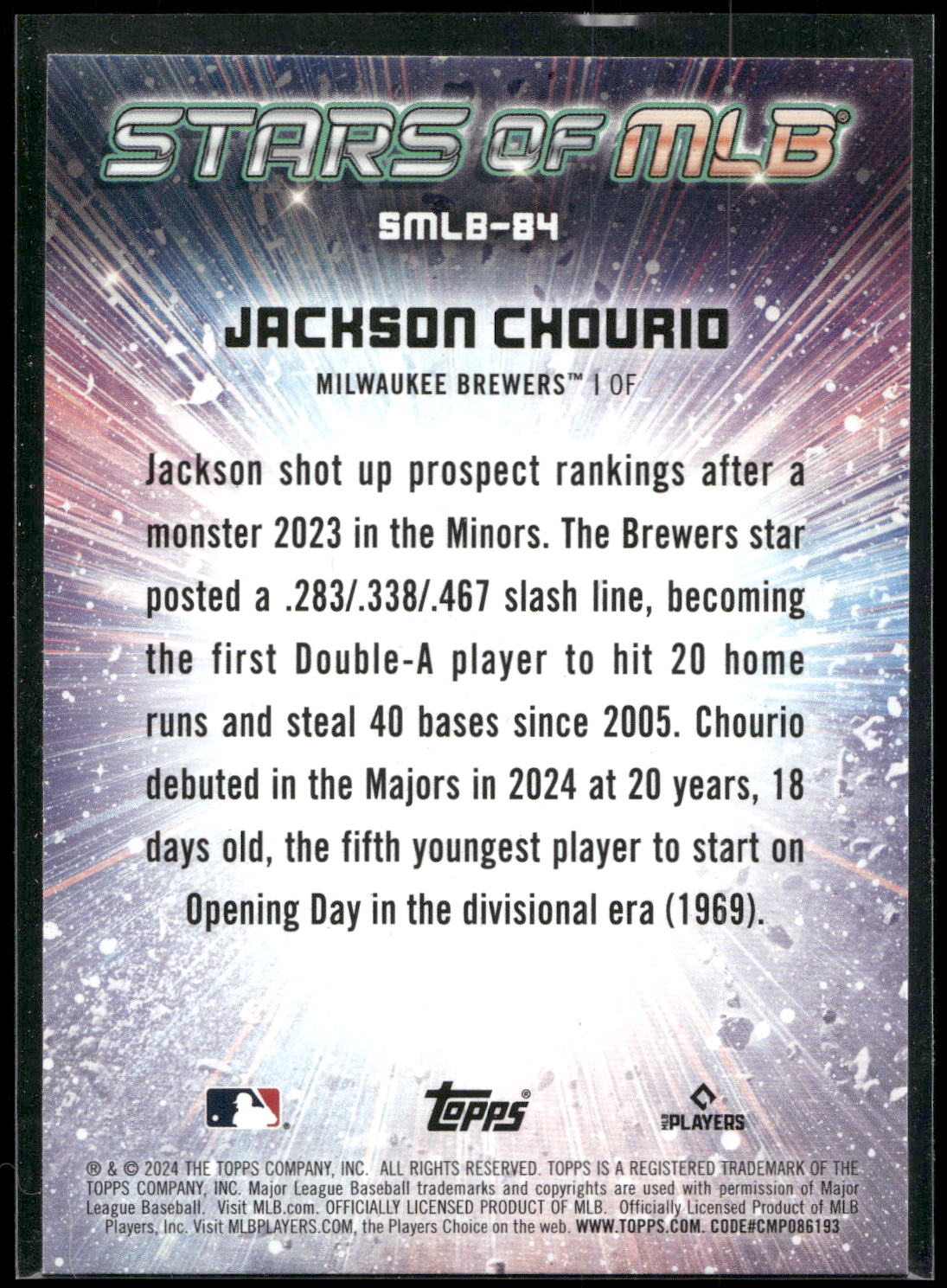 2024 Topps Update #SMLB-84 Jackson Chourio Stars of MLB
