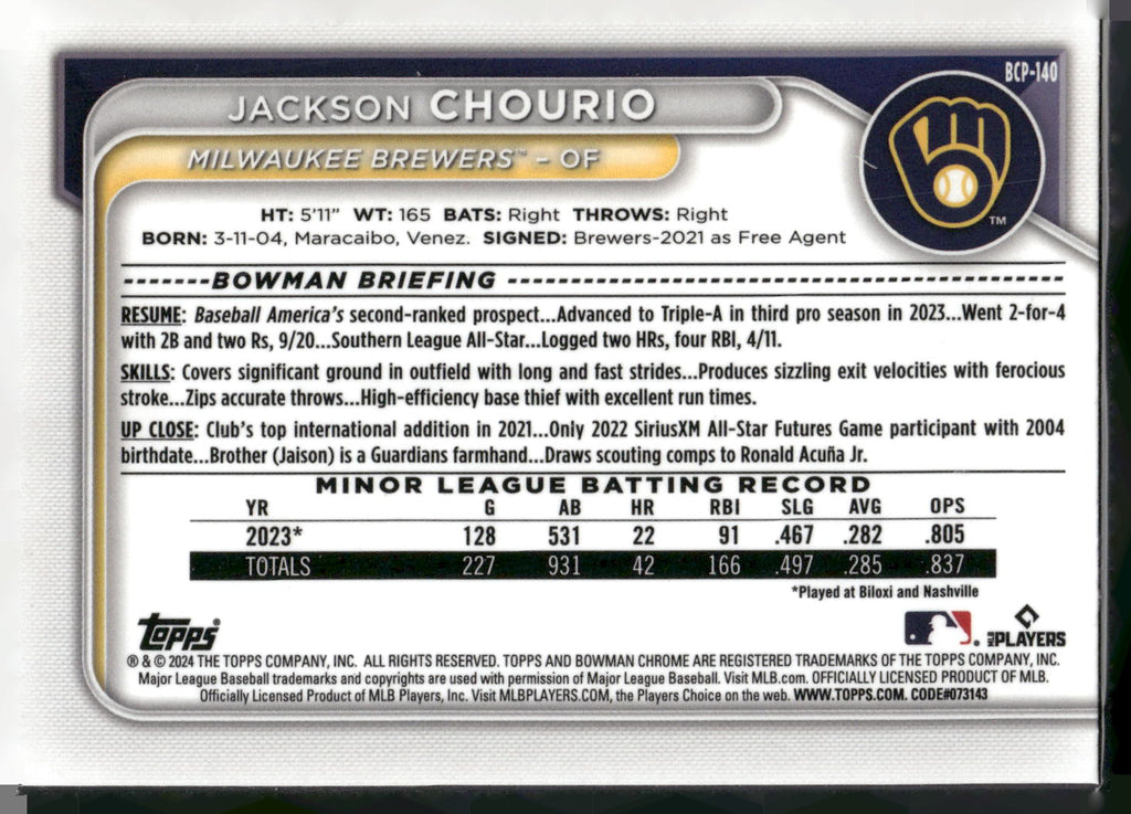 2024 Bowman #BCP-140 Jackson Chourio Chrome Prospects