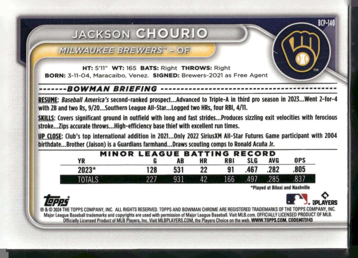 2024 Bowman #BCP-140 Jackson Chourio Chrome Prospects