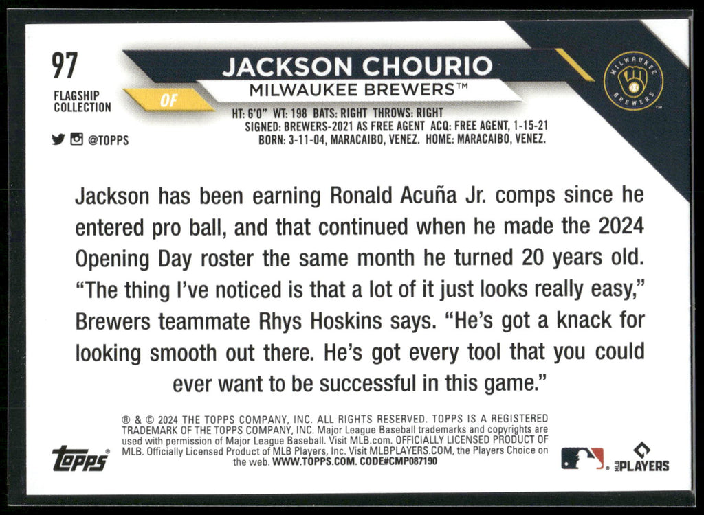 2024 Topps #97 Jackson Chourio Flagship Collection