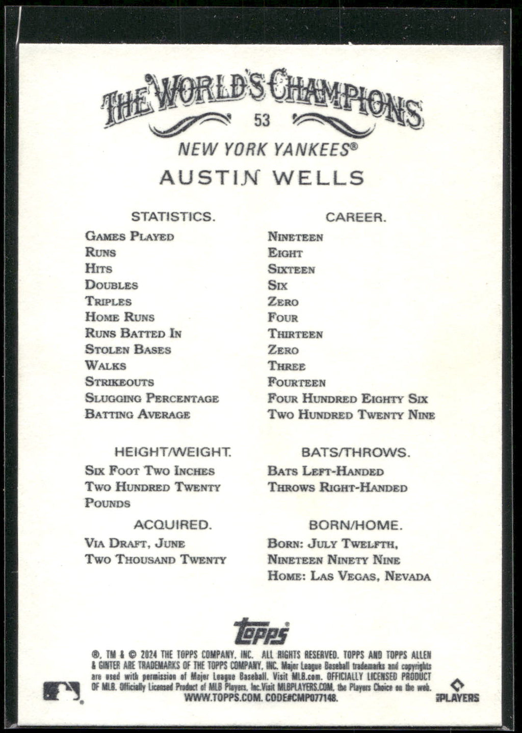 2024 Topps Allen & Ginter #53 Austin Wells