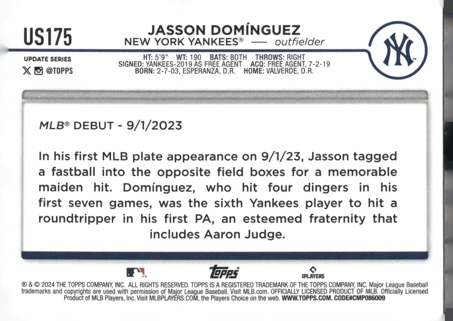 2024 Topps Update #US175 Jasson Domínguez