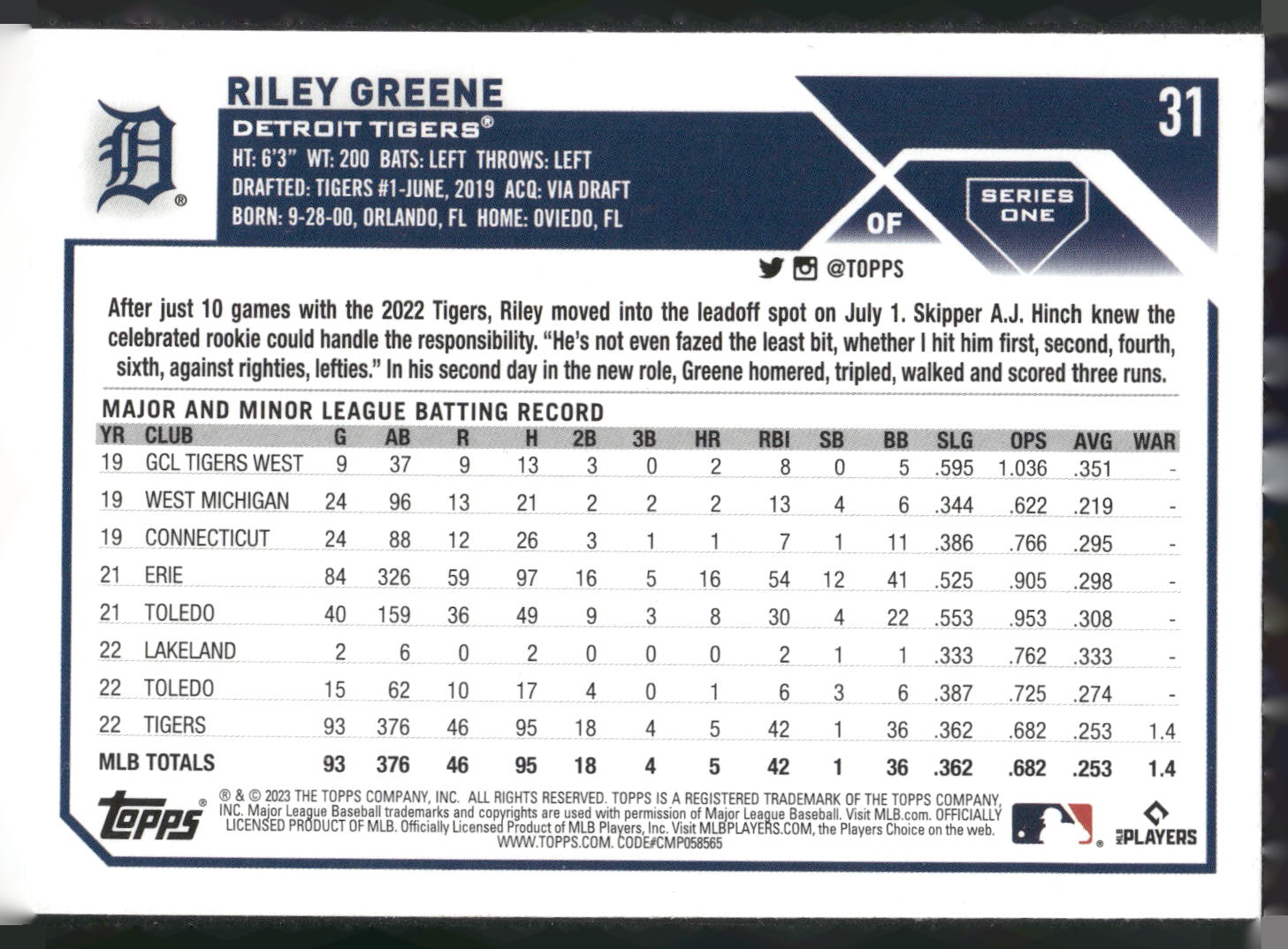 2023 Topps #31 Riley Greene