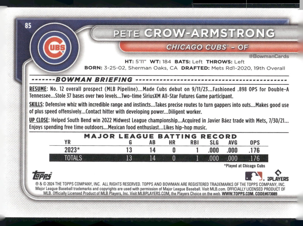 2024 Bowman #85 Pete Crow-Armstrong