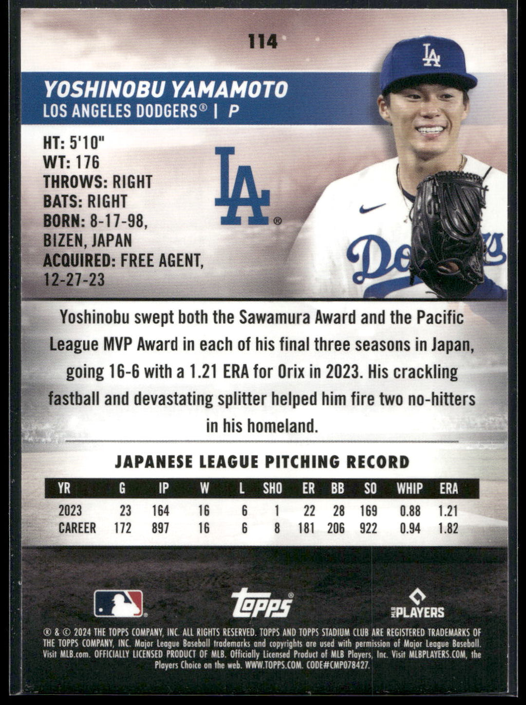 2024 Stadium Club #114 Yoshinobu Yamamoto