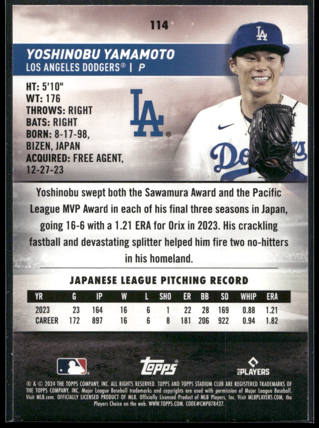 2024 Stadium Club #114 Yoshinobu Yamamoto