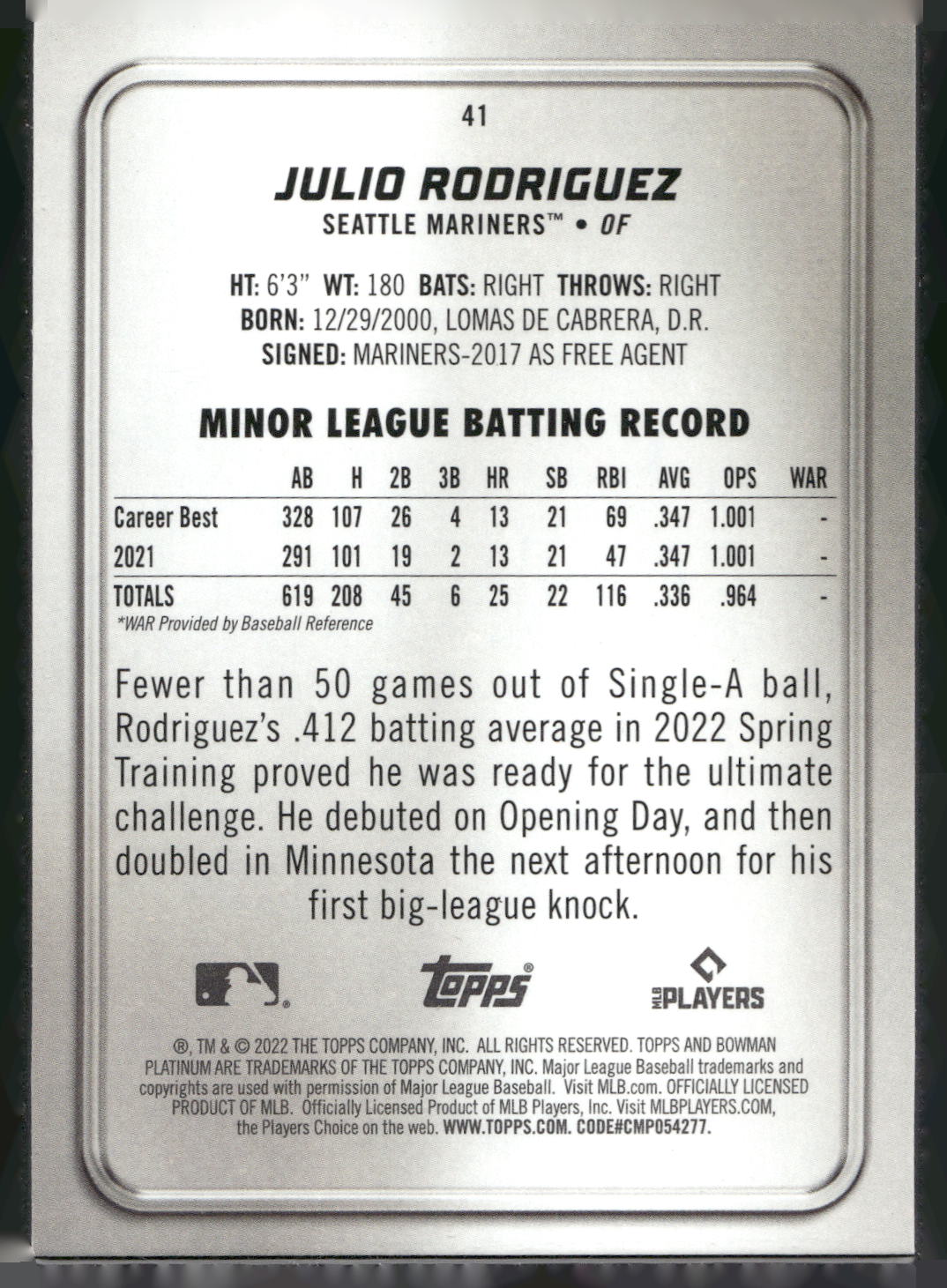 2022 Bowman Platinum #41 Julio Rodriguez