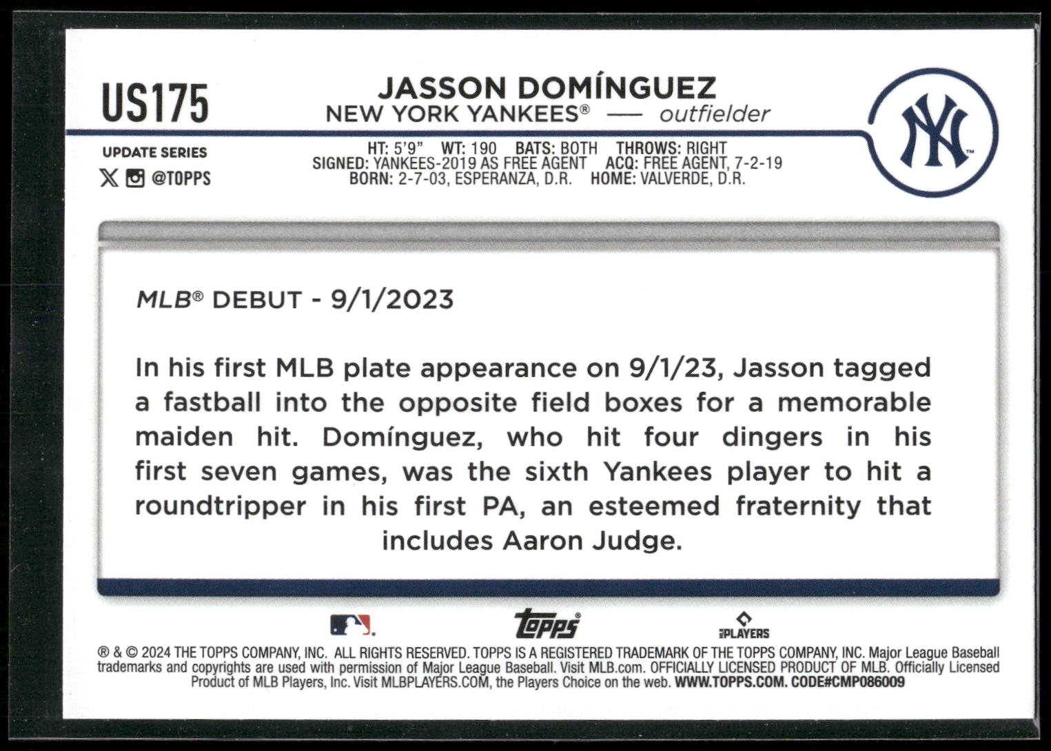 2024 Topps Update #US175 Jasson Domínguez