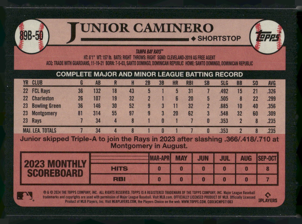 2024 Topps #89B-50 Junior Caminero 1989 Topps Baseball 35th