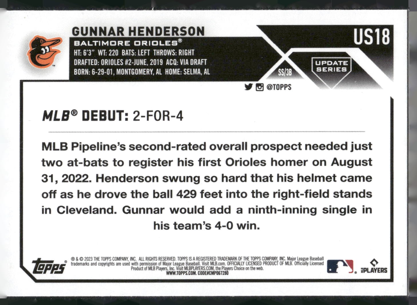 2023 Topps Update #US18 Gunnar Henderson