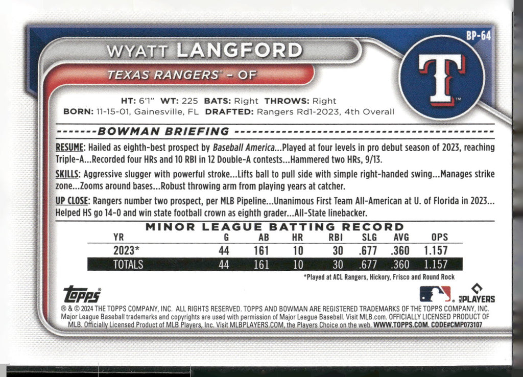 2024 Bowman #BP-64 Wyatt Langford Prospects