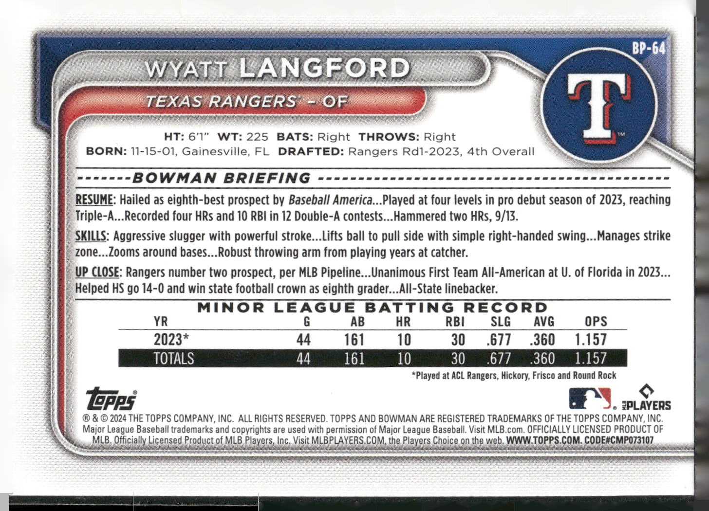2024 Bowman #BP-64 Wyatt Langford Prospects