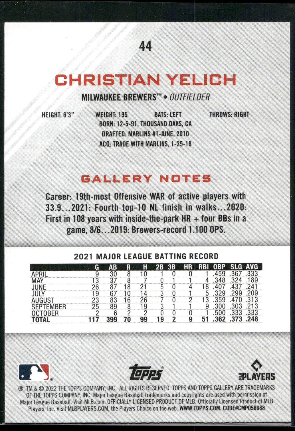 2022 Topps Gallery #44 Christian Yelich