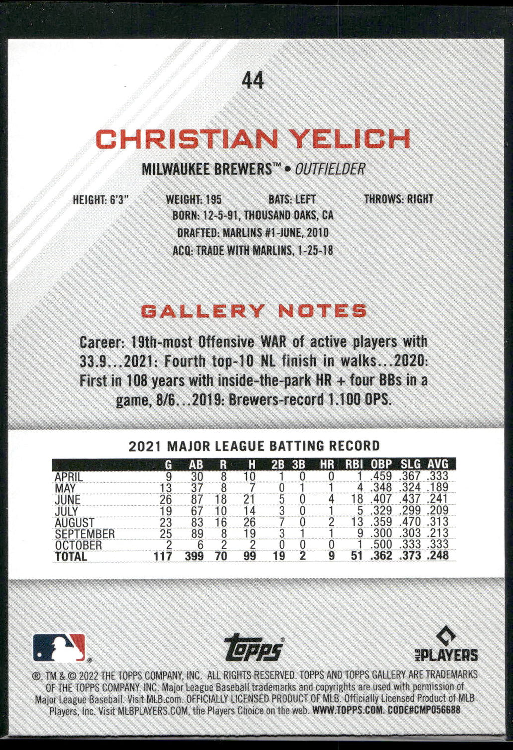 2022 Topps Gallery #44 Christian Yelich