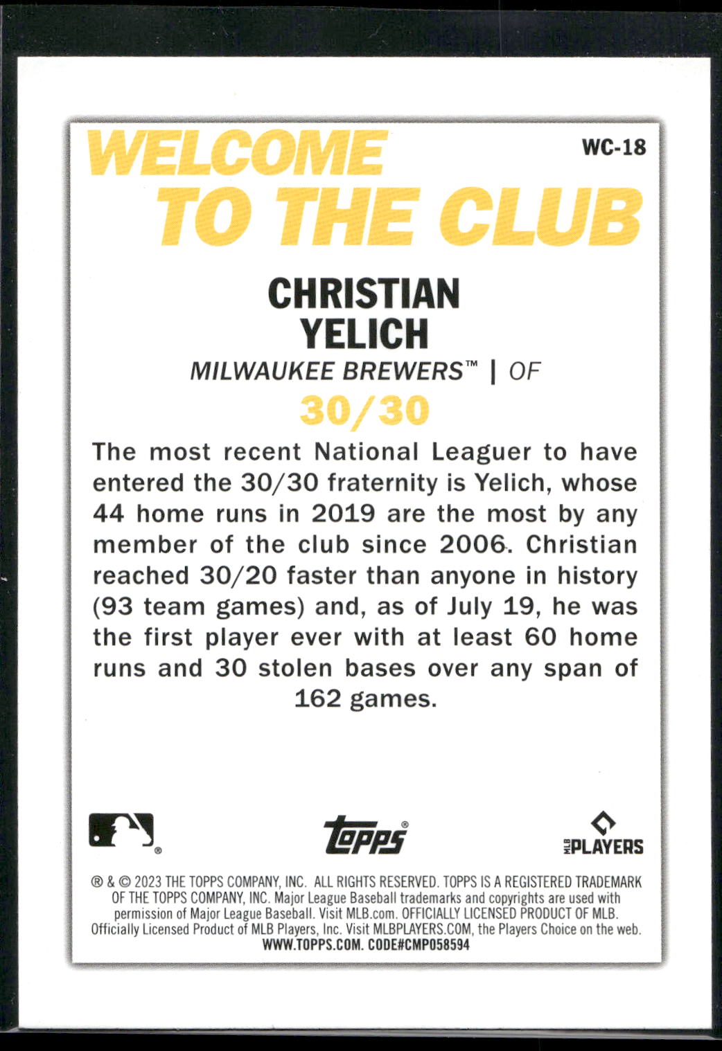 2023 Topps #WC-18 Christian Yelich Welcome to the Club