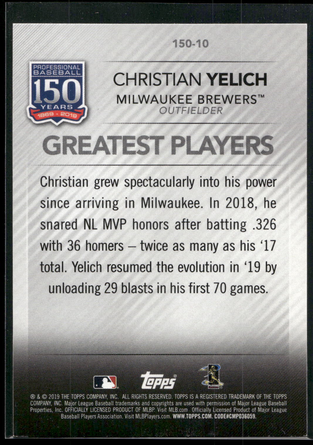 2019 Topps Update #150-10 Christian Yelich 150 Years of Professional Baseball
