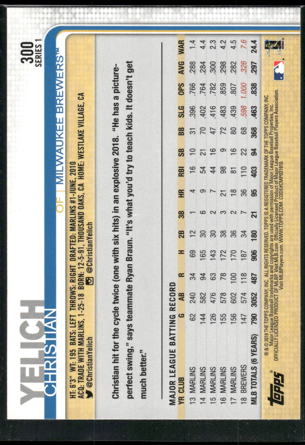 2019 Topps #300 Christian Yelich
