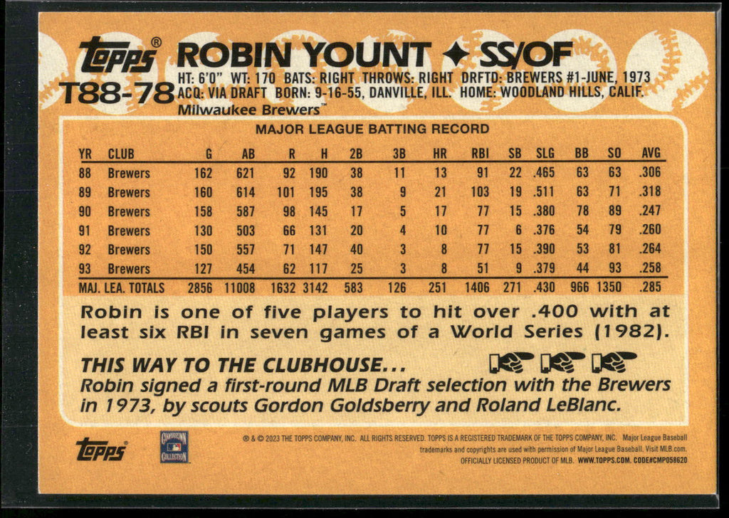 2023 Topps #T88-78 Robin Yount 1988 Topps Baseball 35th Anniversary (Series One)