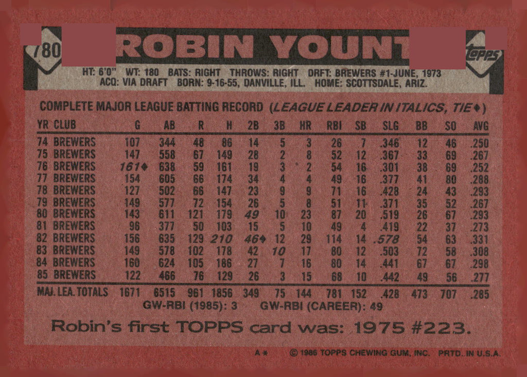 1986 Topps #780 Robin Yount