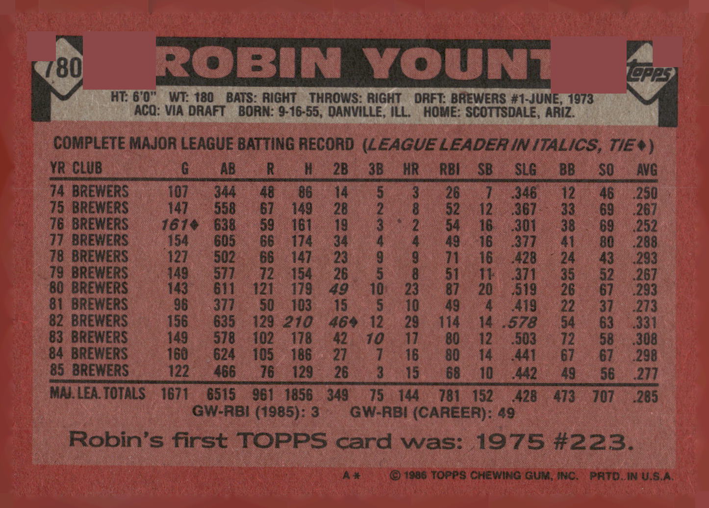 1986 Topps #780 Robin Yount